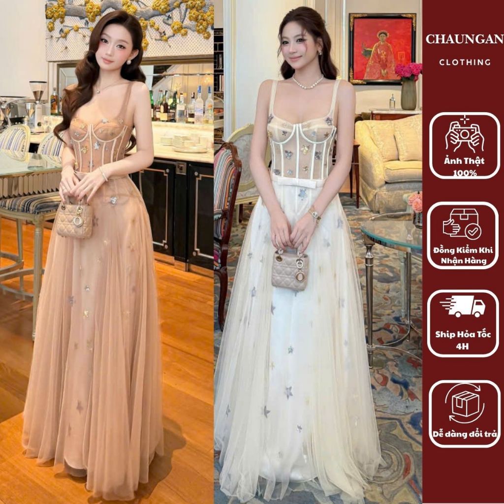 Đầm Maxi Dạ Hội Hai Dây Corset Thêu Ngôi Sao Ánh Kim Voan Tơ Xòe Công Chúa Đính Ngôi Sao Lấp Lánh Đi Tiệc