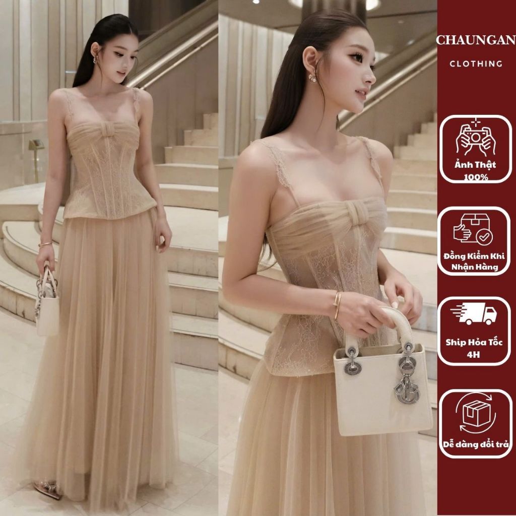 Set Bộ Dự Tiệc Áo Corset Hai Dây Phối Ren Kèm Chân Váy Voan Tơ Dáng Dài Sang Trọng