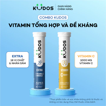 Combo 2 TPBVSK Viên Sủi KUDOS VITAMIN C 1000MG + Viên sủi KUDOS EXTRA bổ sung vitamin tổng hợp, Magie, Kẽm (20 viên/tuýp