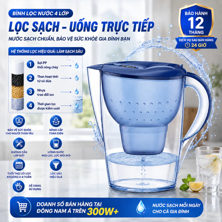 Máy lọc nước 4 lớp, dung tích 3,5L có thể loại bỏ vi khuẩn 0,01 micron và clo dư,giữ lại khoáng chất