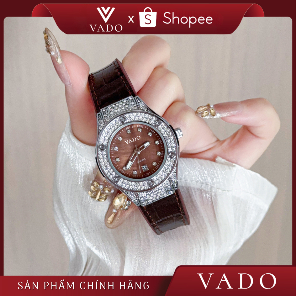 Đồng Hồ Nữ VADO Dây Da Nâu Tây - Đính Đá Toàn Mặt - Thiết Kế Sang Chảnh - DH9205 VADO