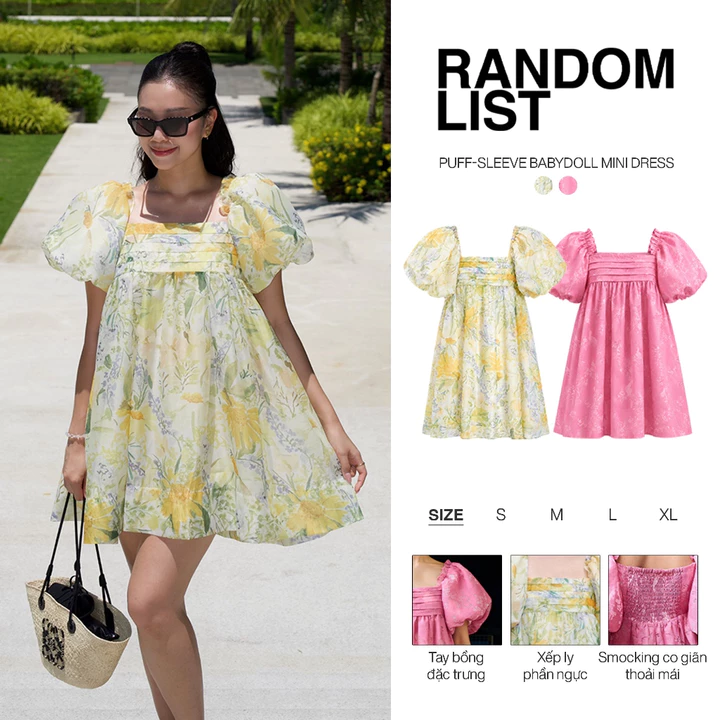 RANDOMLIST - Đầm babydoll tay phồng xoè dáng ngắn tiểu thư xếp ly hoạ tiết - Puff Sleeve Babydoll Mini Dress