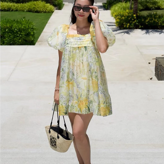 RANDOMLIST - Đầm babydoll tay phồng xoè dáng ngắn tiểu thư xếp ly hoạ tiết - Puff Sleeve Babydoll Mini Dress