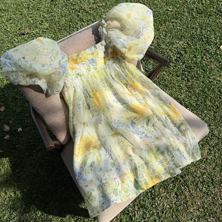 RANDOMLIST - Đầm babydoll tay phồng xoè dáng ngắn tiểu thư xếp ly hoạ tiết - Puff Sleeve Babydoll Mini Dress