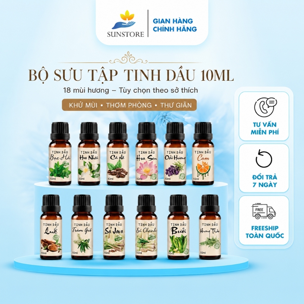 Tinh dầu sả chanh/bạc hà/xá xị/ tràm gió/quế/ vỏ bưởi 10ml.... giúp thơm phòng, thư giãn