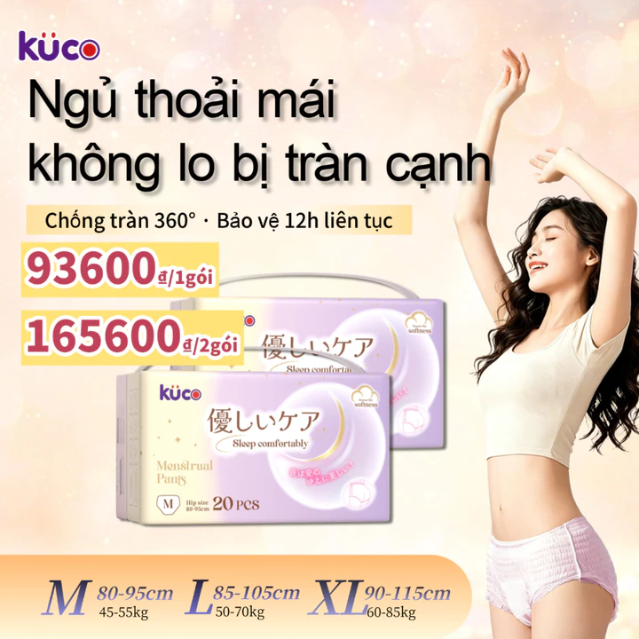 KUCO Quần vệ sinh nữ 20 miếng – M/L/XL, chống tràn 360° lõi thấm mềm mại, khô thoáng cả ngày lẫn đêm