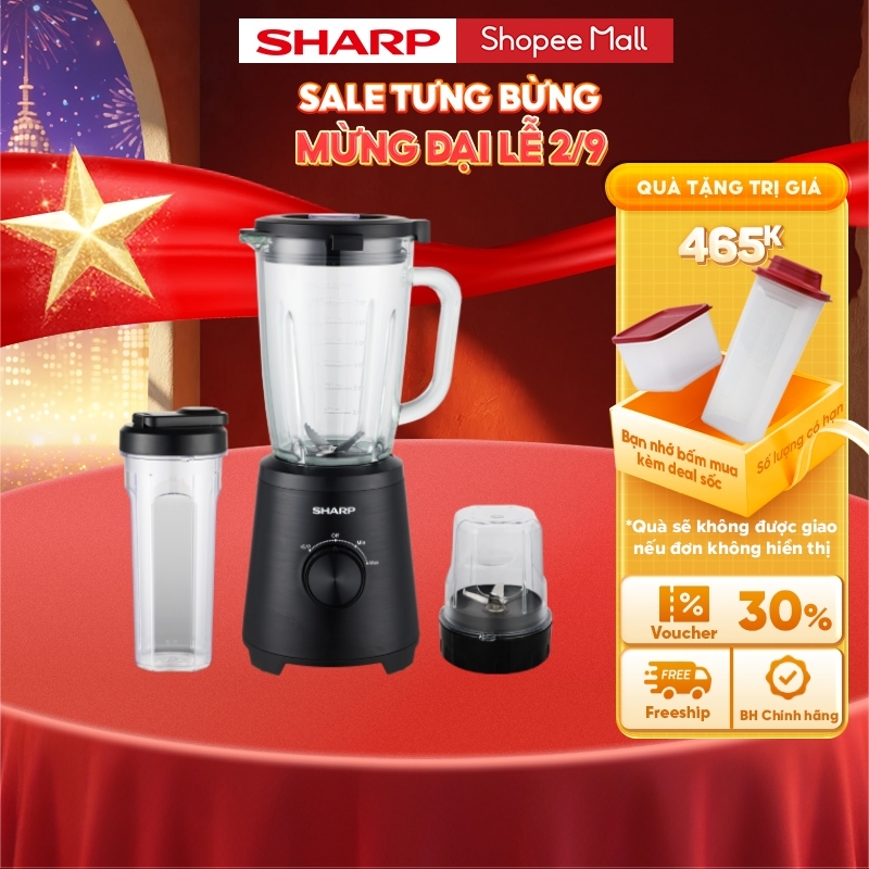 Máy Xay Sinh Tố Đa Năng Sharp EM-SG1000-BK - Công Suất 1000W - 3 Cối Thủy Tinh & Nhựa BPA Free - Xay Đá Mịn - Chính Hãng