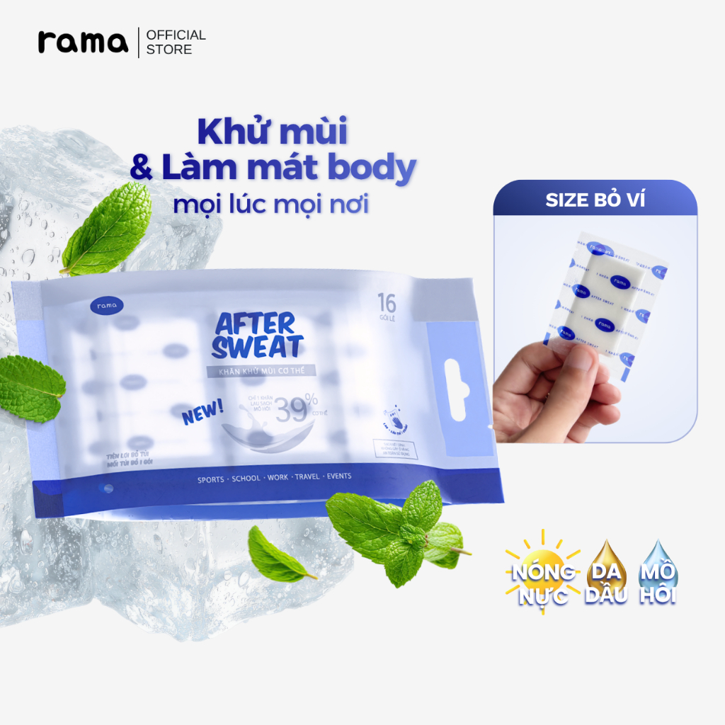 Khăn ướt khử mùi body RAMA After Sweat - Ngăn mồ hôi, mát lạnh, không cồn, không bết dính (Túi 16 khăn riêng)