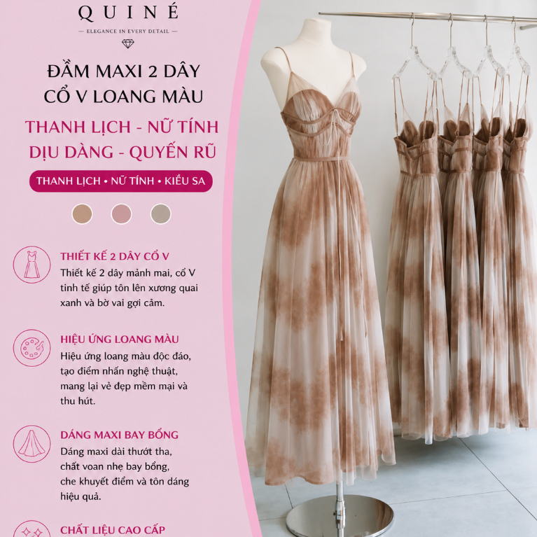 Đầm Maxi 2 Dây Cổ V Loang Màu Sang Trọng – Váy Dài Dự Tiệc Cao Cấp Nữ Tính Thanh Lịch Tôn Dáng