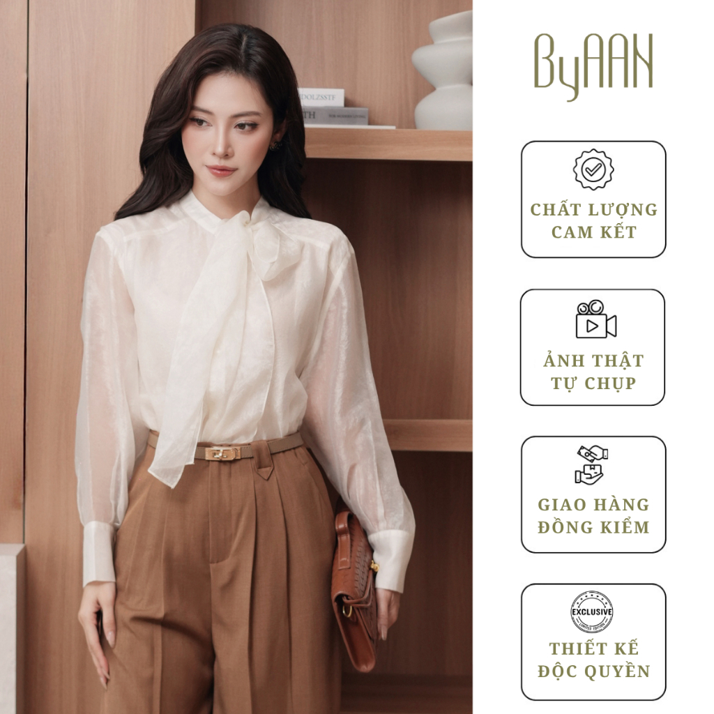 Áo Sơ Mi Tơ Vân Thiết kế 2 Lớp Phối Cổ Nơ Cách Điệu - ByAAN A166