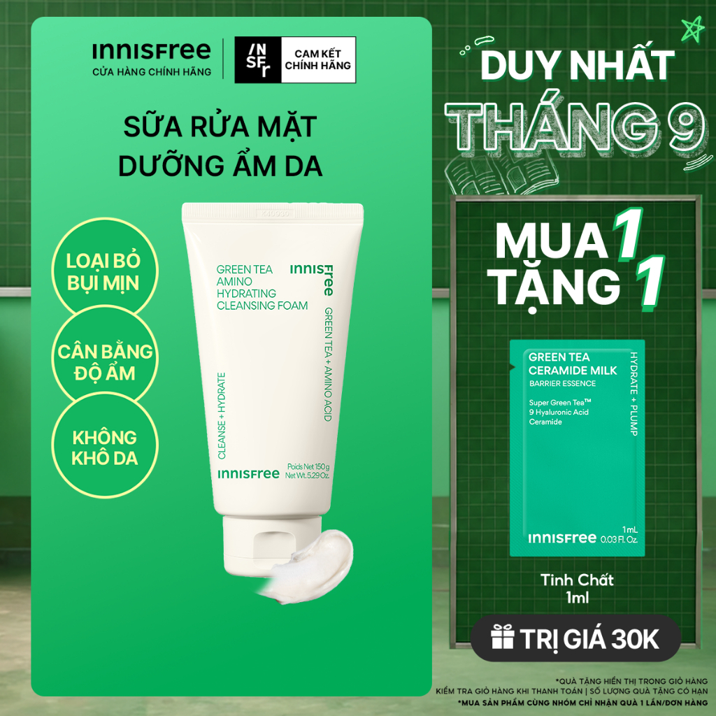 Sữa rửa mặt trà xanh sạch sâu ẩm mịn INNISFREE Green Tea Amino Cleansing Foam 150g