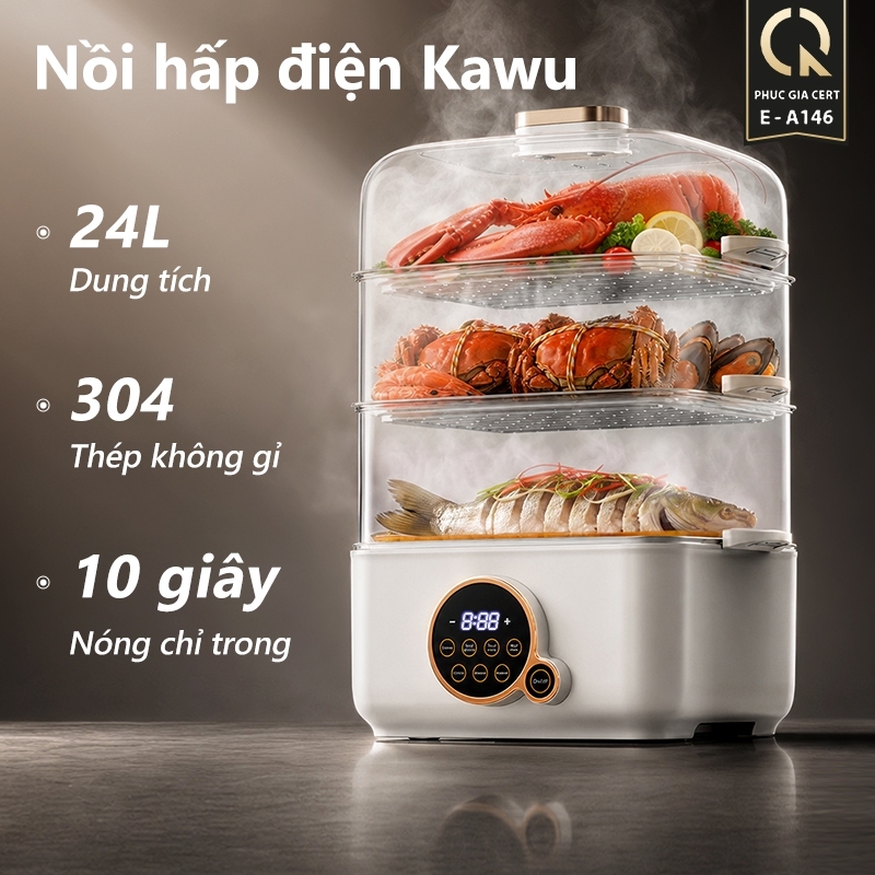 Nồi hấp điện Kawu 24L 4 tầng inox 304 đa năng hấp nguyên con gà nấu lẩu 10s nóng Nồi lẩu điện
