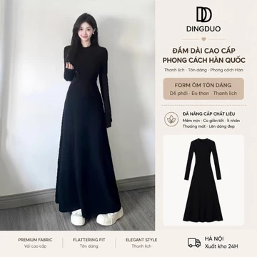 Đầm body dáng dài Váy đen dài tay mùa đông Váy liền dài tay màu đen váy dài kiểu Pháp mẫu mới thu