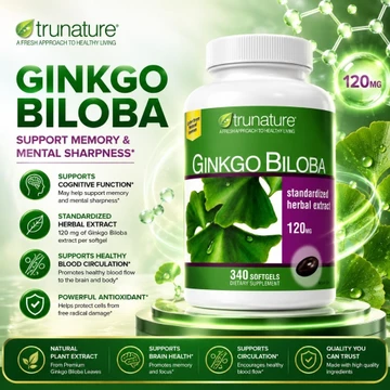 【Nhập khẩu từ Mỹ】Viên uống Trunature Ginkgo Biloba Standardized Herbal Extract 120mg 340 Viên