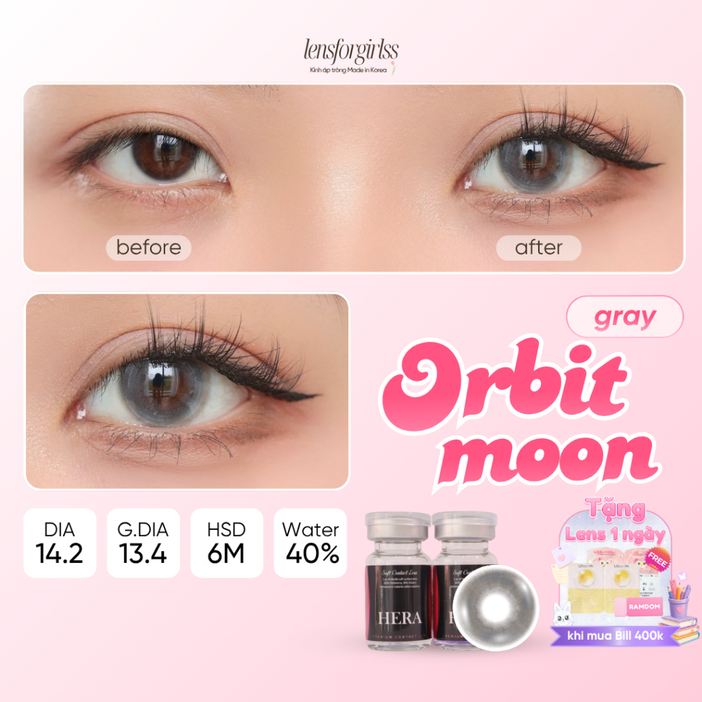 Kính áp tròng 6 tháng GIÃN TRÒNG LENSFORGIRLSS lens xám đối xứng HERA ORBIT MOON GRAY