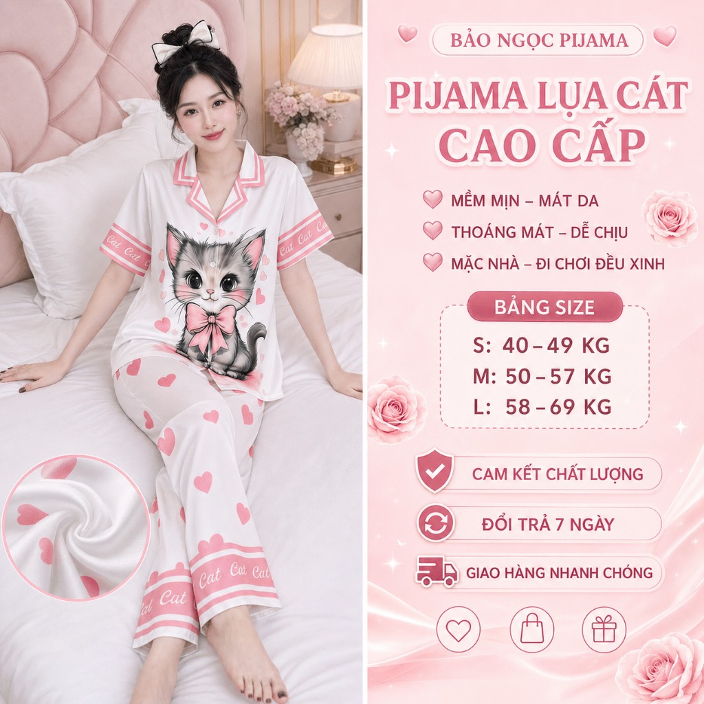 Bộ Đồ Mặc Nhà Pijama Lụa Cát Thanh Lịch Đồ Bộ Ngủ Nữ Sang Trọng Áo Cộc Tay Quần Dài Tôn Dáng Đẹp