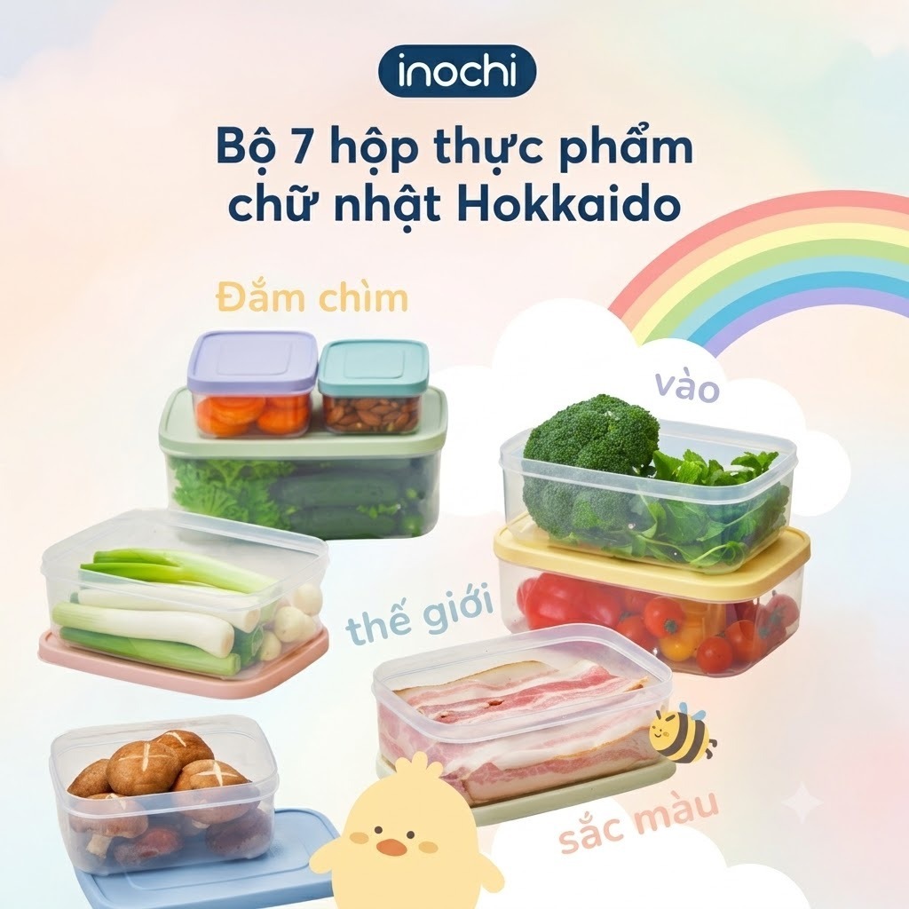 Bộ 7 hộp thực phẩm chữ nhật Inochi-Hokkaido Nắp đậy kín khí giữ thực phẩm luôn tươi nắp đậy kín khít