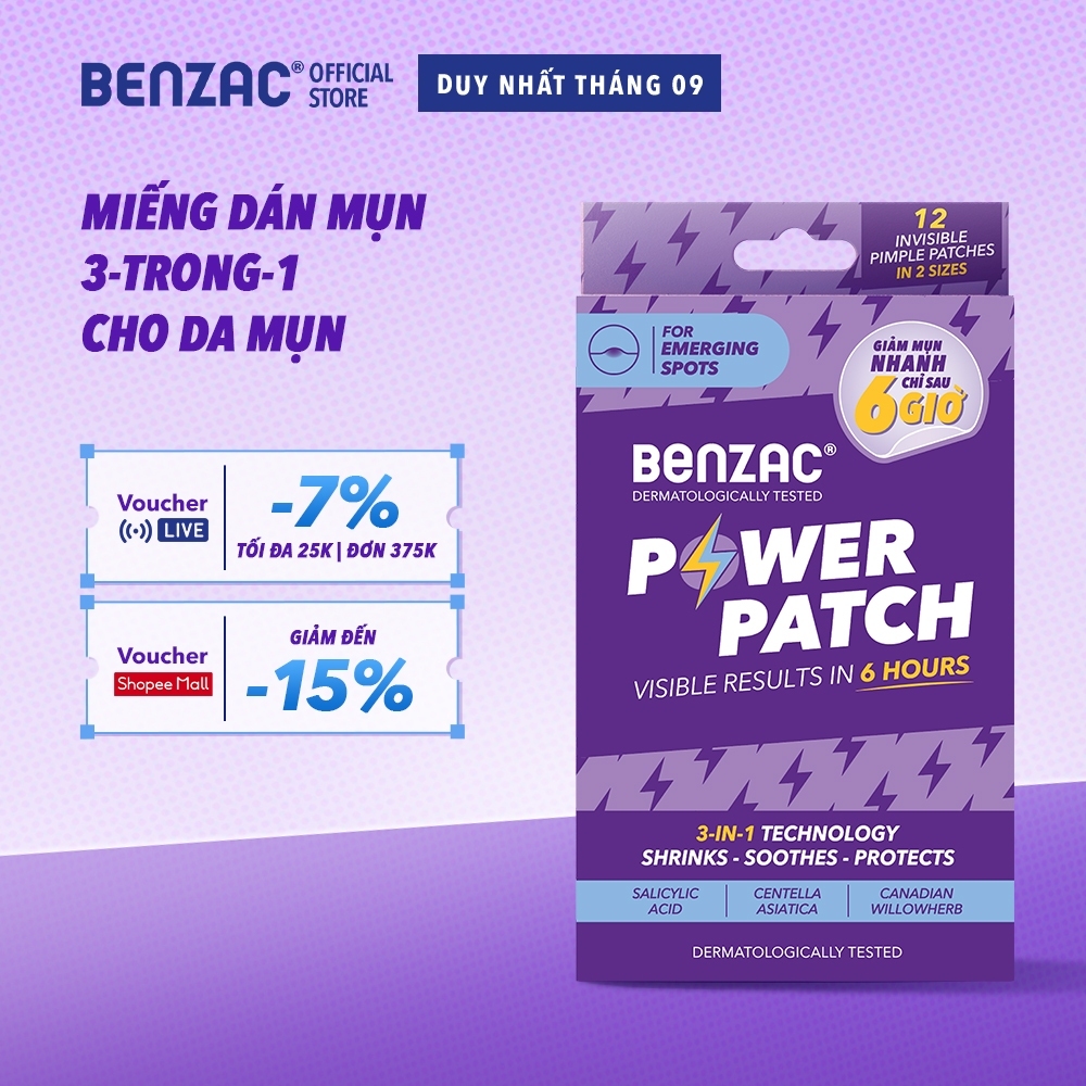 Miếng dán mụn 3 trong 1 BENZAC Power Patch x 12 miếng với Salicylic Acid
