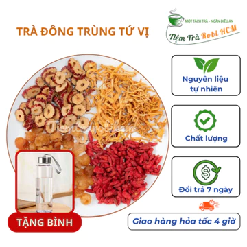 Hộp 30 gói tặng bình, tặng 5 gói trà - Trà đông trùng tứ vị (đông trùng, táo đỏ thái lát, kỷ tử, long nhãn) bồi bổ