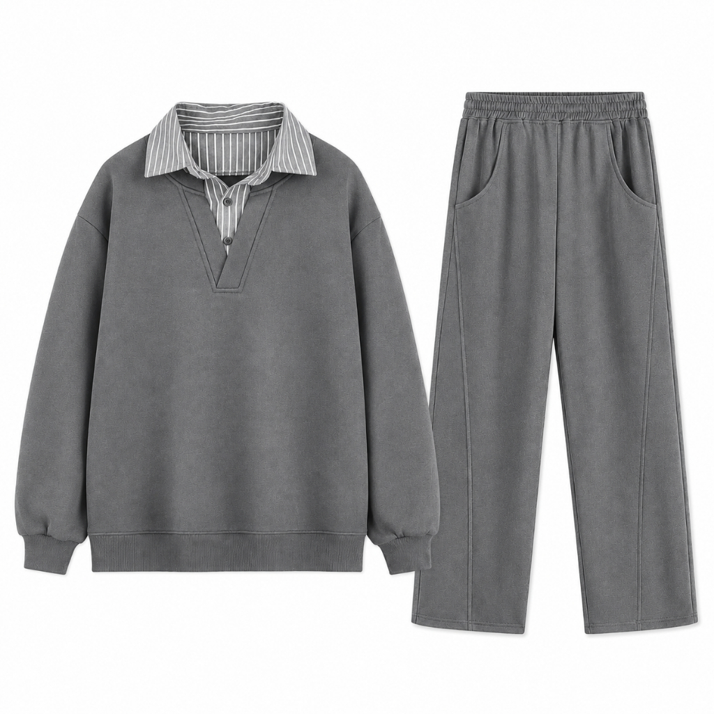 [SIZE 45-120KG] Quần Áo Nỉ Nam Mùa Thu Đông Form Rộng Áo Cổ Sơ Mi Dài Tay Thanh Lịch Size 45-120kg