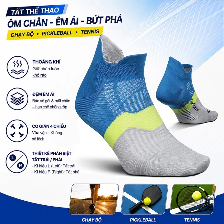 Tất chạy bộ Feetures cổ ngắn. Vớ thể thao cổ phễu cho nam nữ chơi Pick Tennis hàng dệt kim 83% cotton 3 size M L XL