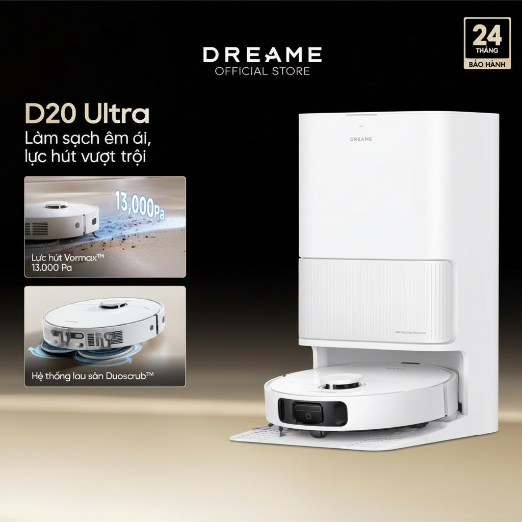 Dreame D20 Ultra Robot hút bụi thông minh | Lực hút 13.000Pa | Trạm sạc đa năng rảnh tay đến 100 ngày