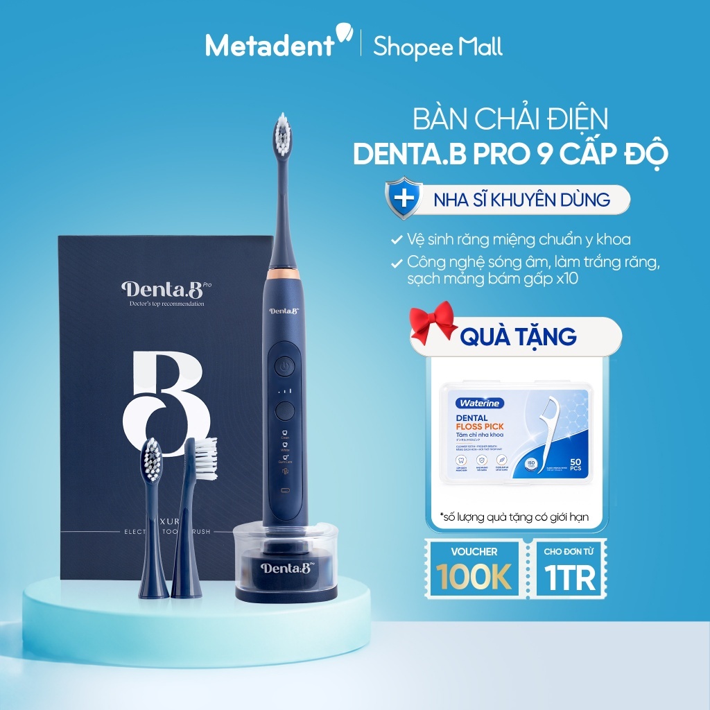 Bàn Chải Điện Denta.B Pro Dành Cho Người Niềng Răng – 9 Chế Độ, Lông Mềm, Sạc Cảm Ứng IPX7, Bảo Hành 12 Tháng