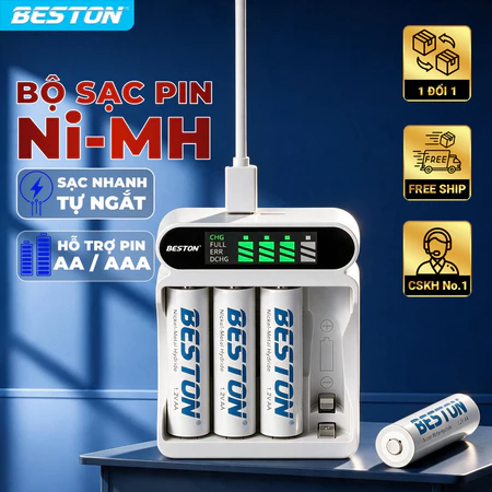 Bộ Sạc 4 pin AA AAA Beston C9023L, mẩu mới sạc nhanh,tự ngắt khi đầy, đèn báo thông minh, dùng cho micro ,remote