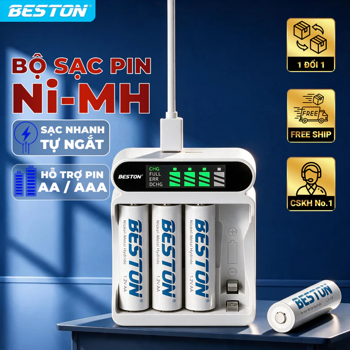 Bộ Sạc 4 pin AA AAA Beston C9023L, mẩu mới sạc nhanh,tự ngắt khi đầy, đèn báo thông minh, dùng cho micro ,remote
