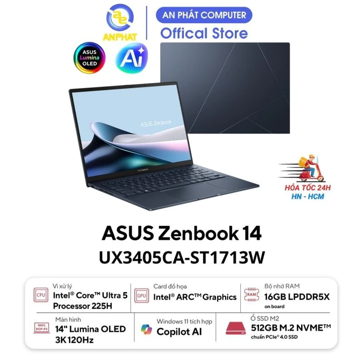 Laptop ASUS Zenbook 14 UX3405CA-ST1713W (Intel Core Ultra 5 225H | Intel Arc | 14 inch 3K OLED | 16GB | 512GB | Win 11 |
