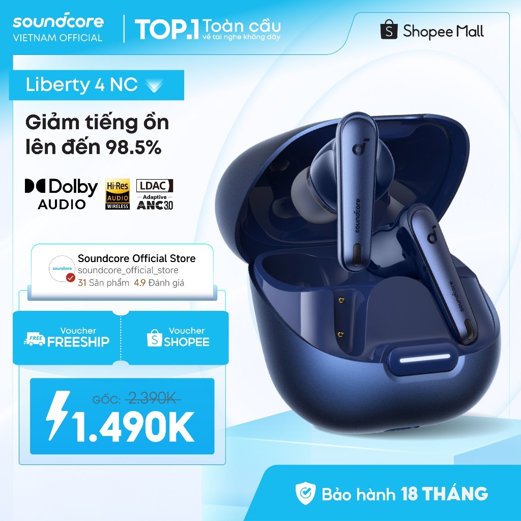 Tai nghe bluetooth soundcore Liberty 4NC | Chống ồn ANC 50 giờ phát nhạc | Sạc nhanh | Tích hợp phiên dịch