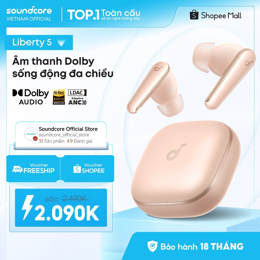 Tai nghe bluetooth soundcore Liberty 5 ANC 3.0 | Pin 48 giờ | Kháng bụi, nước IP55 | Tích hợp phiên dịch