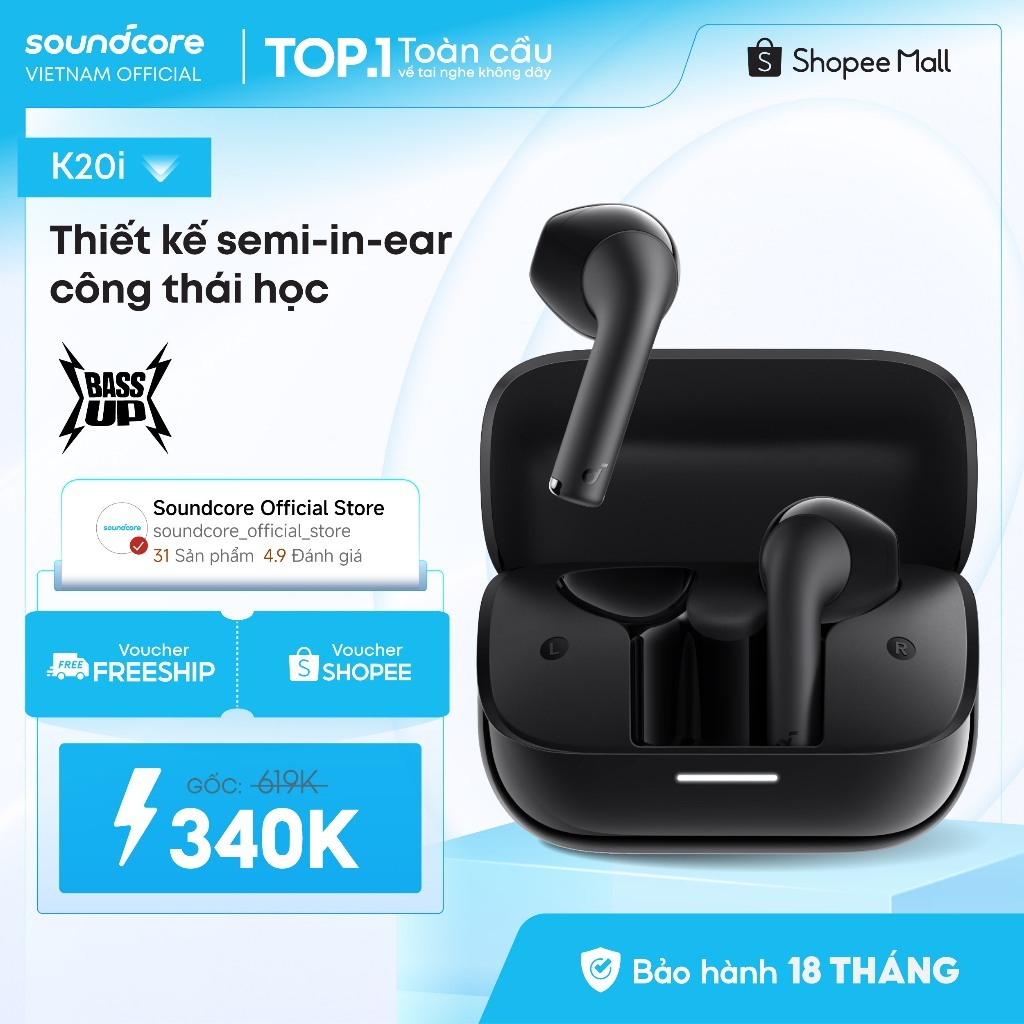 Tai nghe bluetooth Semi In-Ear soundcore K20i | Siêu gọn nhẹ | Chống nước IPX5 | Tích hợp phiên dịch | BigBuy360 - bigbuy360.vn