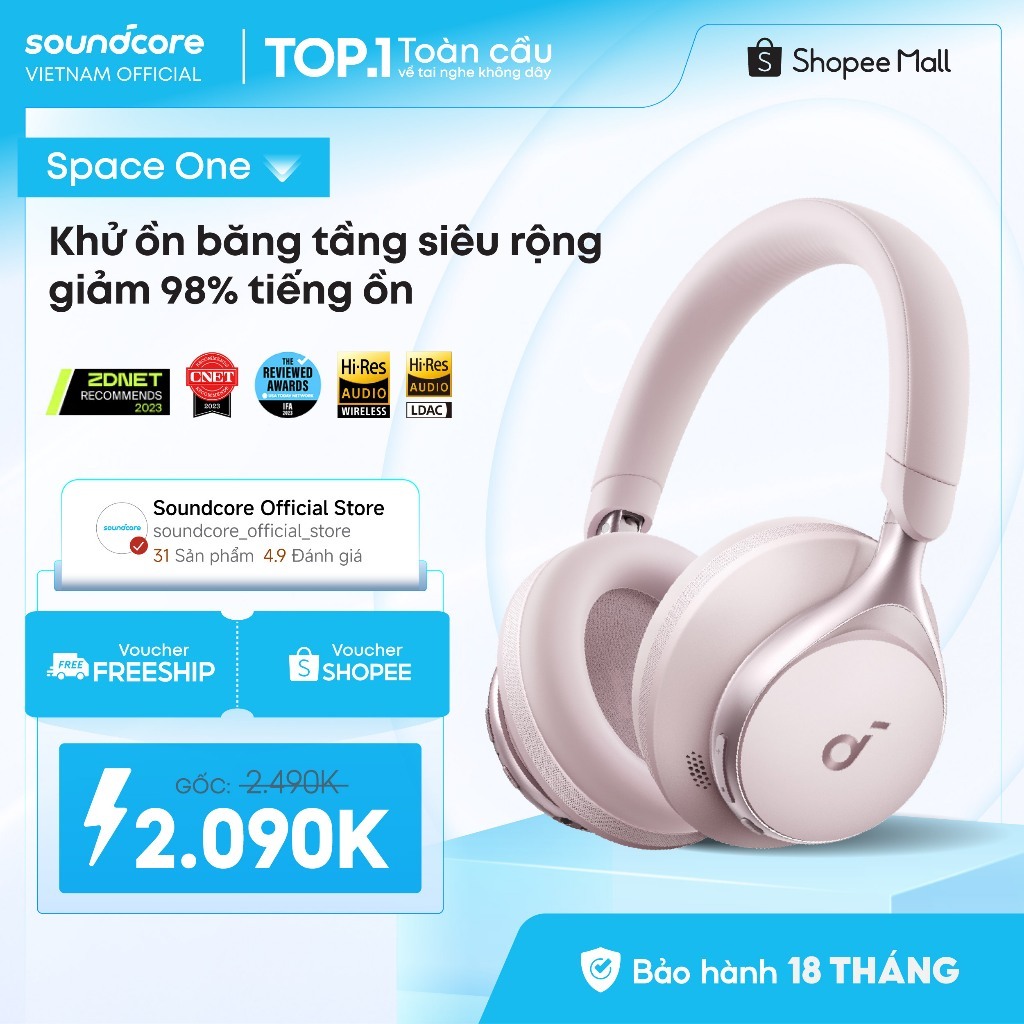 Tai nghe không dây chụp tai soundcore Space One | Âm thanh Hi-res | Giảm ồn 98% | 55h phát nhạc