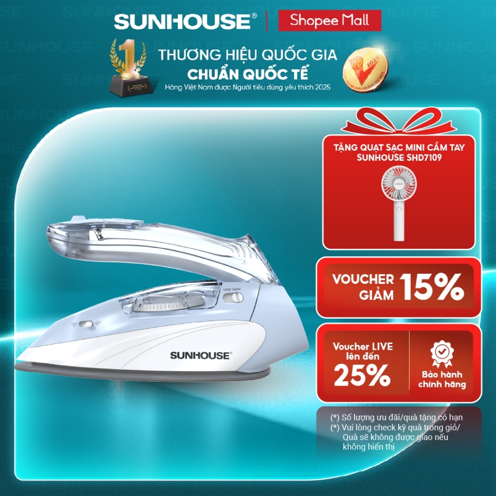 Bàn là hơi cầm tay Sunhouse SHD2171 - Tay cầm gấp gọn - 5 chế độ là - Tùy chỉnh điện áp 120V - 240V  - Mặt là Ceramic