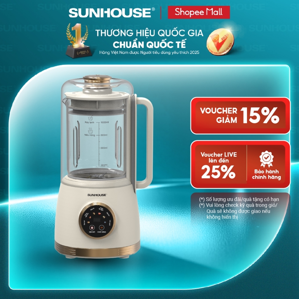 Máy làm sữa hạt đa năng Sunhouse SHD5262 - Tích hợp lồng chống ồn - 6 chức năng - Tự động làm sạch - Hẹn giờ tới 12h