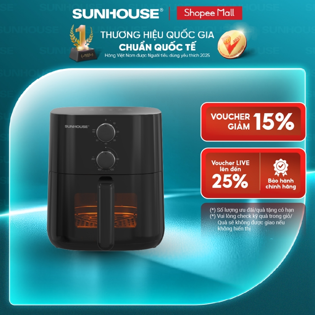 [Cải tiến mới] Nồi chiên không dầu 5,5L Sunhouse SHD4013 - Công suất 1500W - Cửa sổ khoang chiên trong suốt