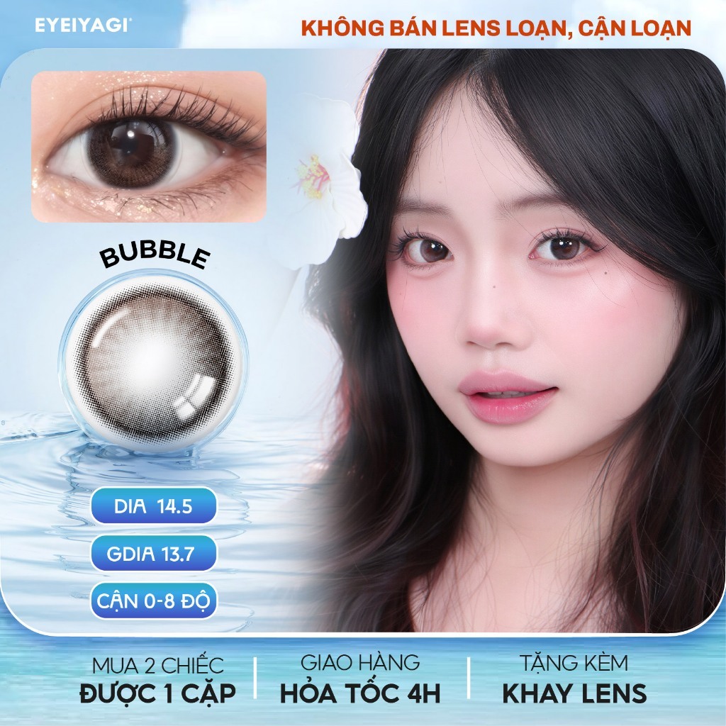 Kính áp tròng EYEIYAGI lens nâu trà đen Bubble giãn tròng 14.5mm, lens cận 3 tháng có lệch độ (0-8)