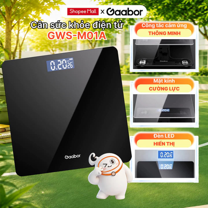 Cân điện tử sức khỏe Gaabor GWS-M01A mặt kính cường lực sạc USB màn hình LED hiển thị nhiệt độ