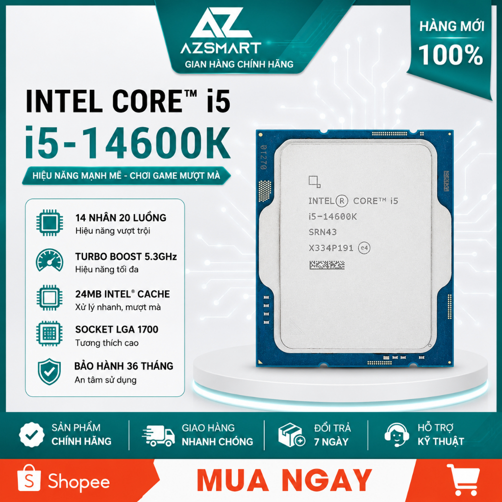 CPU Intel Core i5 14600K Tray | 14 nhân 20 luồng, Upto 5.3 Ghz, Mới BH 36T