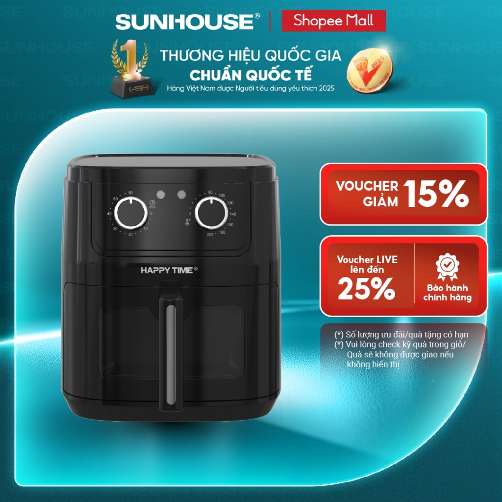 Nồi chiên không dầu 6.5L Happy Time HTD4024 - Dung tích 6.5L - Rapid Air 360° giảm dầu mỡ - Núm xoay điều chỉnh