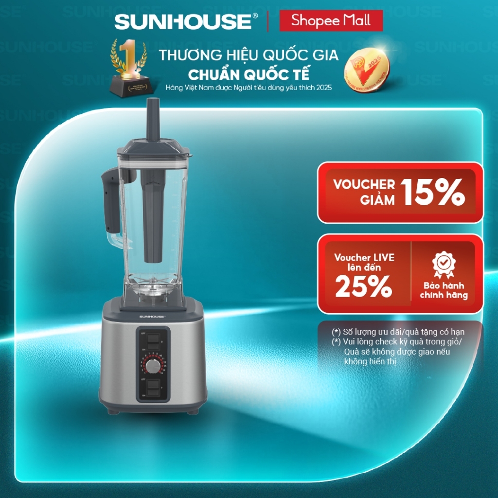 Máy xay sinh tố công nghiệp Sunhouse SHD5381 - Công suất 1000W - Dung tích lớn - 15 mức công suất tùy chỉnh 2L -