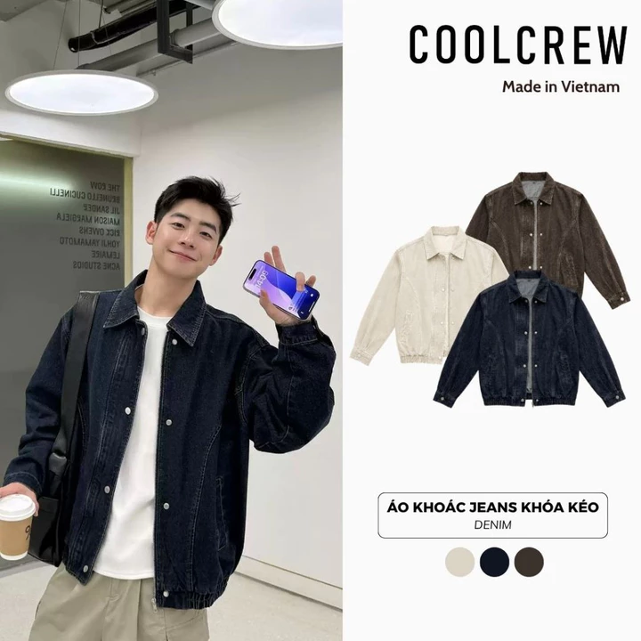 Áo Khoác Jeans Khóa Kéo COOLCREW Cổ Bẻ Form Rộng Unisex Chất Liệu Denim Dày Dặn Cao Cấp Phong Cách Hàn Quốc AKD172