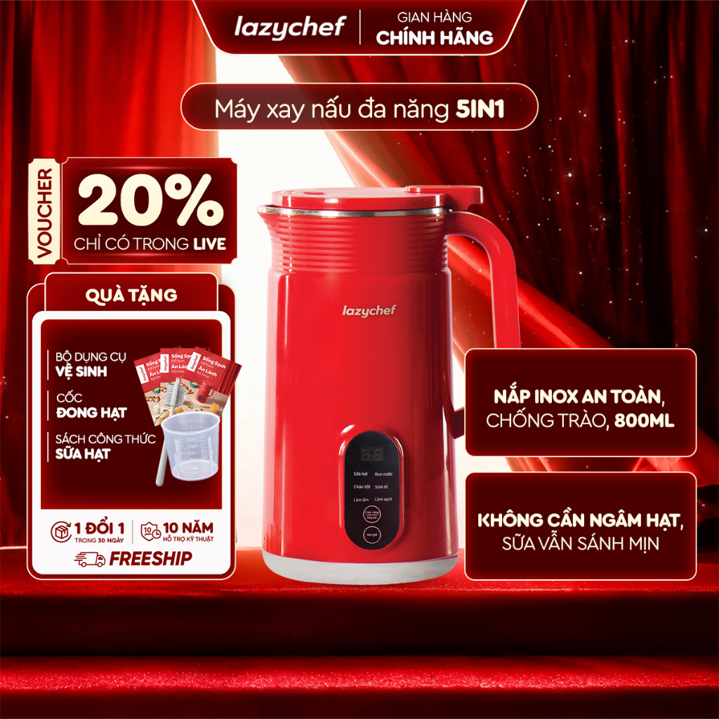 Máy làm sữa hạt đa năng 5in1 LazyChef, nấu cháo, xay sinh tố, chống trào, độ ồn thấp bảo hành 12 tháng chính hãng