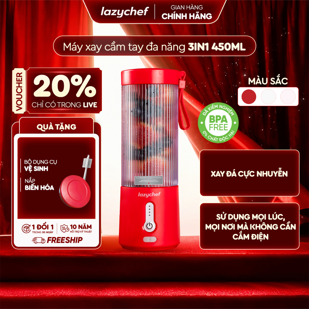 Máy xay sinh tố cầm tay Lazychef 3i﻿n1 450ml, xay đá cực nhuyễn, bảo hành chính hãng 12 tháng