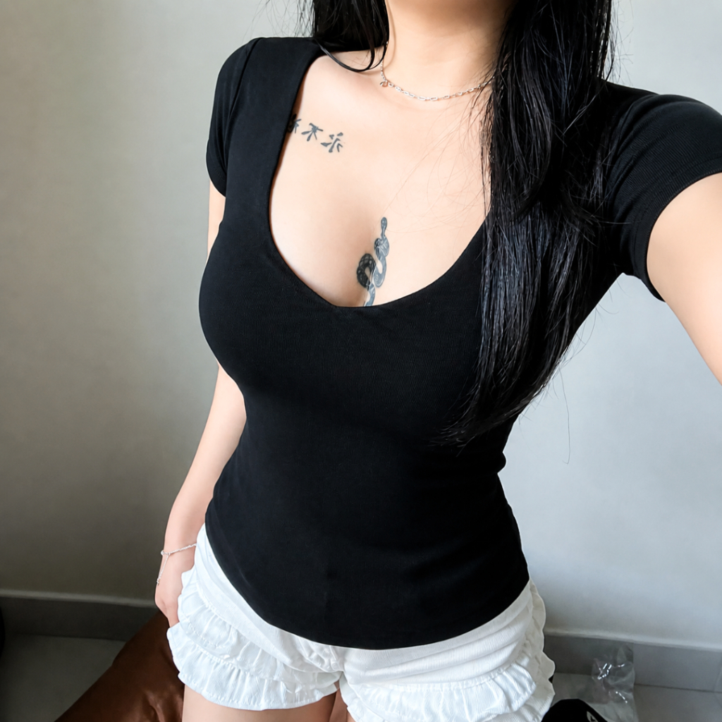 BARE_(Có size)Áo thun cổ tim tay ngắn, áo thun ôm tay dài nữ không viền chất thun borip ôm body_A371