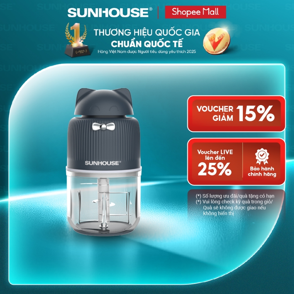 Máy xay thịt mini Sunhouse SHD5401 - Công suất 250W mạnh mẽ - Lưỡi dao 6 cánh sắc bén - Cối chịu nhiệt tới 70 độ C