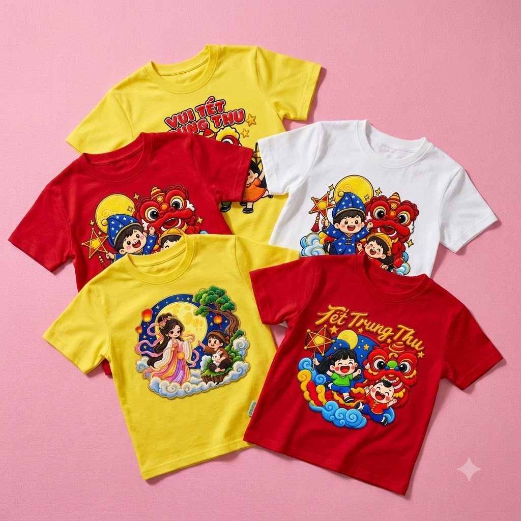 Áo Thun Trung Thu Tặng Lồng Đèn Cho Bé Trai Bé Gái  Vải Cotton Mềm Mát In Hình Đón Trăng Múa Lân
