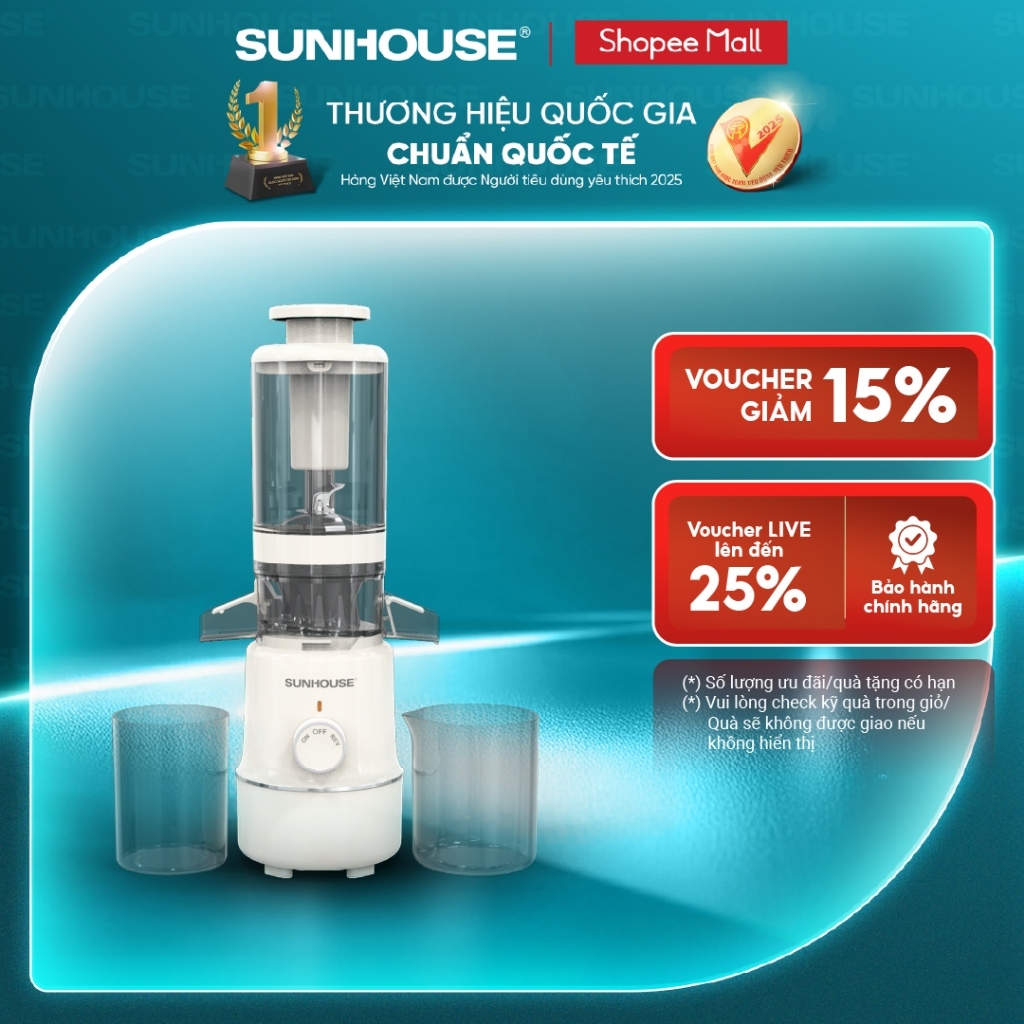 Máy ép chậm Sunhouse SHD5515 - Dung tích 600ml - Làm được kem, lưỡi cắt vượt trội - Ống tiếp nguyên liệu lớn 108mm