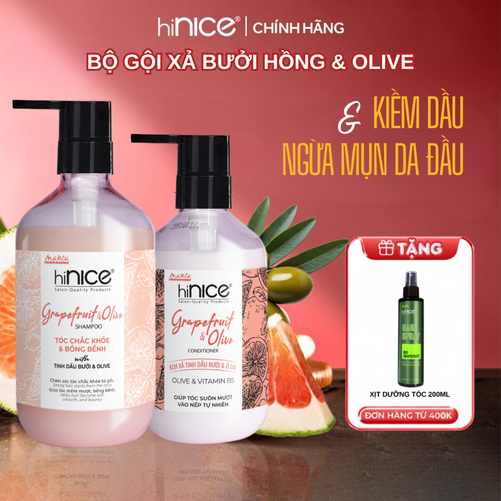 Bộ Gội Xả Tinh Dầu Bưởi Hồng Olive hiNICE Grapefruit & Olive Shampoo Hỗ Trợ Giảm Mụn Da Đầu